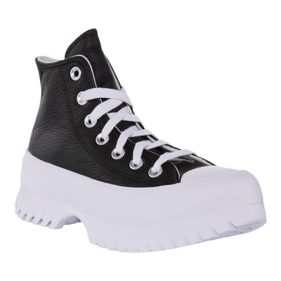 Converse All Star Black and White High-Top Platform Sneakers, Leather Upper. - Picture 1 of 11